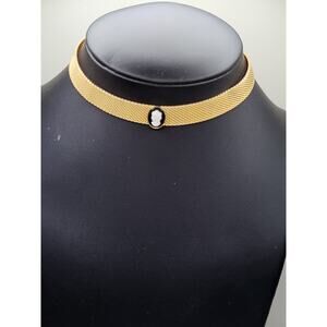 Vintage Gold Tone Mesh Cameo Choker Necklace Adjustable Victorian Revival
